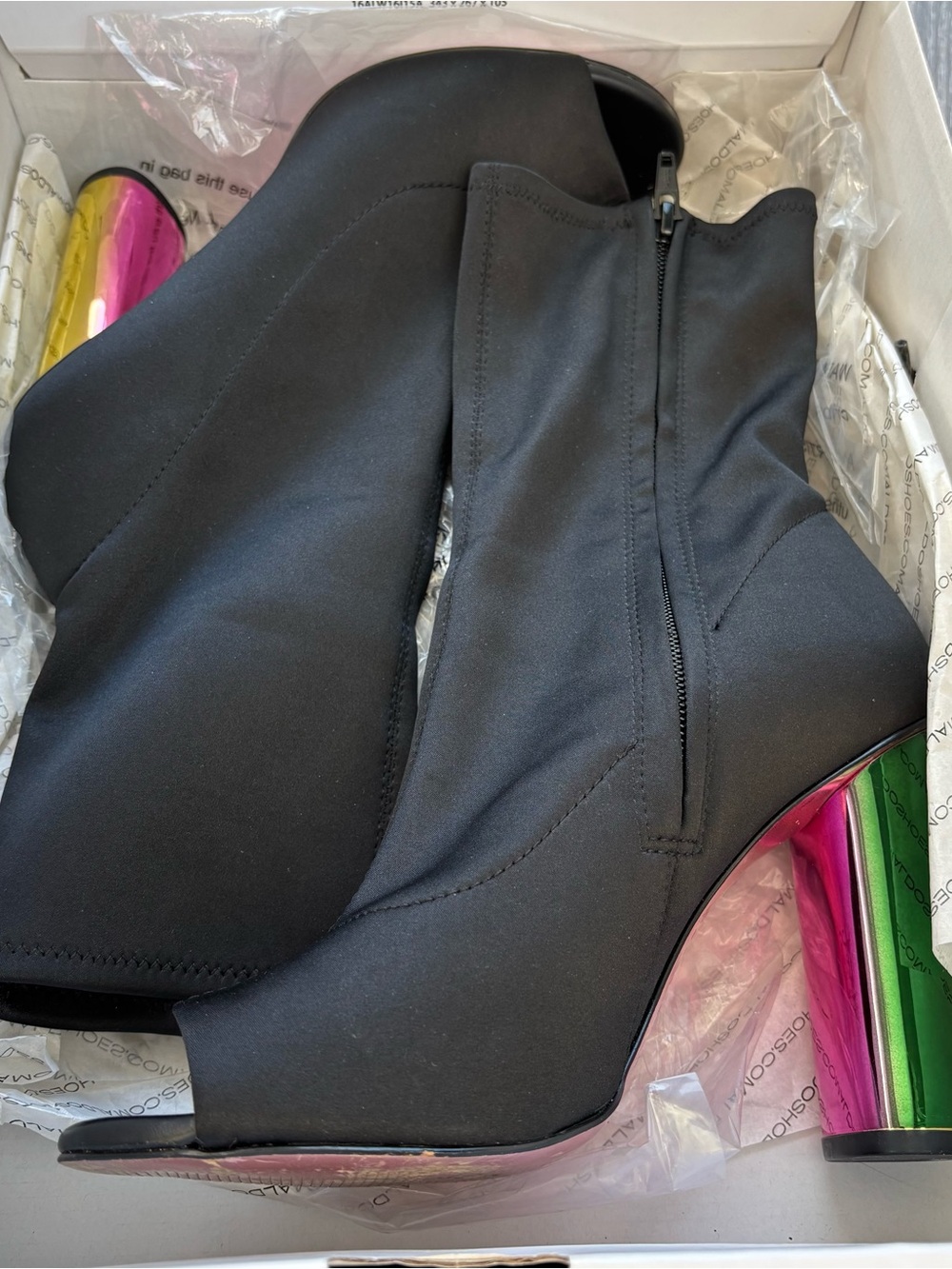 Aldo Black Peep-Toe Sock Boots with Iridescent Metallic Block Heel